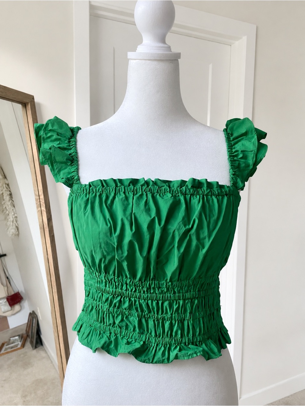 Maeve Anthropologie Green Ruffle Smocked Top